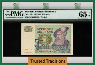 Tt Pk 51d 1977 - 81 Sweden Sveriges Riksbank 5 Kronor Pmg 65 Epq Gem Uncirculated