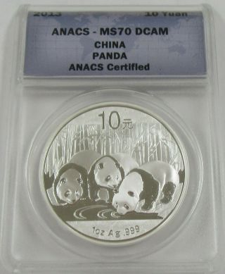 2013 China Silver Panda 10 Yuan Anacs Ms70 1 Oz.  999 Silver Coin
