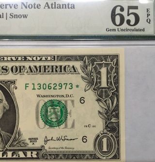 2003a $1 Atlanta Star ⭐️ Banknote,  Pmg Gem Uncirculated 65 Epq,  Fr 1931 - F