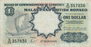 Malaya & British Borneo 1 Dollar Banknote 1.  3.  1959 P.  8a Good Fine