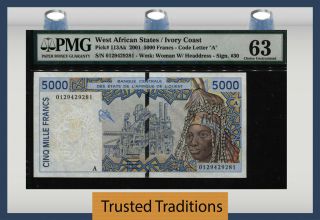 Tt Pk 113ak 2001 West African States Ivory Coast 5000 Francs Pmg 63 Choice Unc