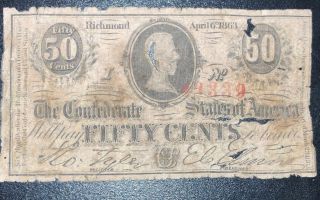 1863 50c 50 Cents Confederate States Of America Paper Money Fractional Currency
