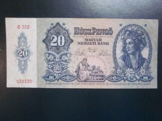 Banknote 1941 Hungary 20 Husz Pengo Ww2 Paper Money