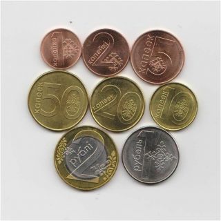 Belarus Set Of 8 Coins: 1,  2,  5,  10,  20,  50 Kopek - 1,  2 Roubles 2009 (2016).  Unc