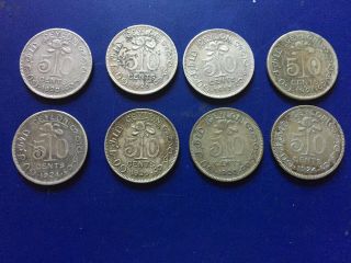 Ceylon Sri Lanka 8 X 50 Cents Silver Coins