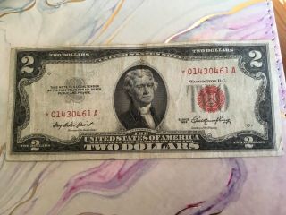 1953 $2 Red Seal Two Dollar Bill Us Currency Red Star 01430461a