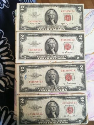 4 1953 $2 Red Seal Two Dollar Bill Us Currency 1 1953b,  1 1953,  2 1953a