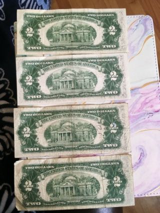 4 1953 $2 Red Seal Two Dollar Bill US Currency 1 1953B,  1 1953,  2 1953A 2