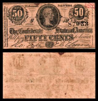 1864 50 Cent U.  S.  Civil War Currency Note Csa Jefferson Davis T - 72 Circulated