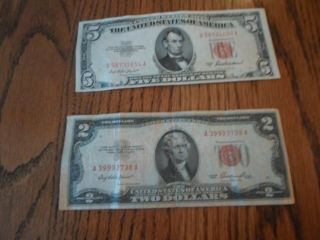 Red Seal Two 2 & Five 5 Dollar Bill United States Money Tender Note 1953