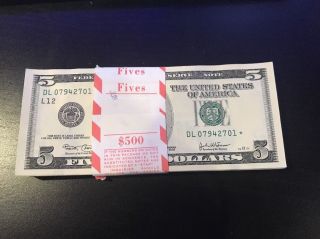 1 - 2003 Five Dollar Star Bill Uncirculated Consecutive Star Note Bep Wrap $5