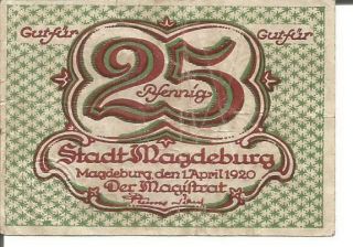 Germany (magdeburg) Notgeld 25 Pfennig 1920