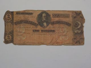 Civil War Confederate 1861 2 Dollar Bill The Corporation Of Richmond Virginia Nr