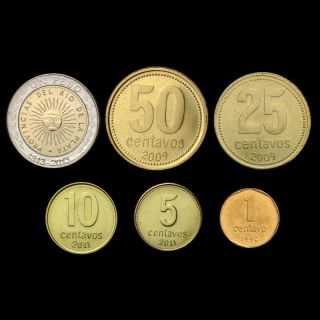 [a - 1] Argentina Set 6 Coins,  1,  5,  10,  25,  50 Centavos,  1 Pesos,  1992 - 2013,  Unc