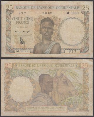 French West Africa 25 Francs 1951 (vg - F) Banknote Km 38