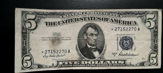 Old Antique Money 1953 A $5,  00 Bill Silver Certificate Star Note Priest Anders