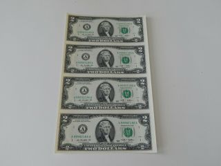 Uncut Sheet Of (4) $2 Two U.  S.  Dollar Bills,  Notes,  Money,  & Currency - -