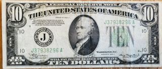1934 A FRN $10 Dollar Bill - FRN Note - Kansas City Old Paper Money - J Block 2