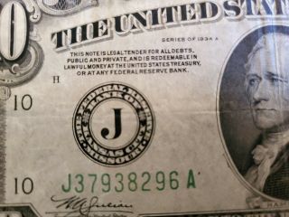1934 A FRN $10 Dollar Bill - FRN Note - Kansas City Old Paper Money - J Block 4