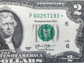 Wow Star Note 2013 $2 Two Dollar Bill (atlanta " F”),  Uncirculated