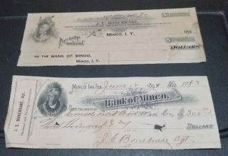 1894 Minco Indian Territory Bank Check Je Bonebrake Plus A 1890 Check
