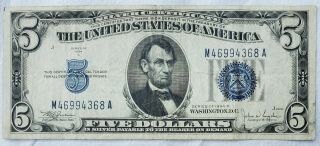1934 - C $5.  00 Silver Certificate Blue Seal Note Five Dollar Bill -