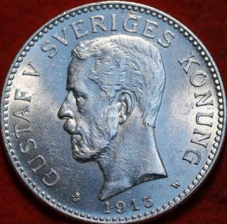 Uncirculated 1913 Sweden 2 Kroner Silver Foreign Coin