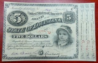 1874 $5 State Of Louisiana Baby Bond With 3 Coupons Attached Unc - Bmn