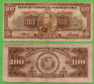 Venezuela Banknote 100 Bolivares 1957,  P - 34d Fine.
