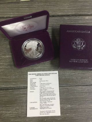 1990 - S American Eagle One Ounce Proof Silver Bullion Coin W/ & Box