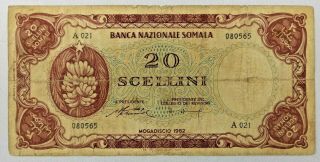 Somalia 20 Scellini Somali Banca Nazionale Somala Bank Note Mogadiscio 1962