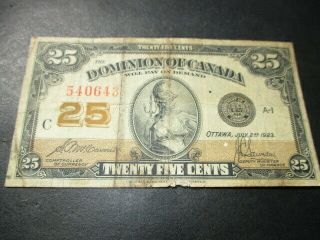 1923 Dominion Of Canada Canadian Paper Currency Shinplaster 25 Twenty Five Cent