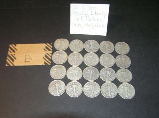 Roll Of 20 Circulated Silver Walking Liberty 1944,  1945,  1946 Mixed Mints (b)