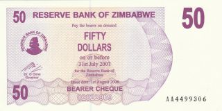 50 Dollars Aunc Banknote From Zimbabwe 2006 Pick - 41