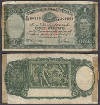 Australia 1 Pound 1942 (vg - F) Banknote P - 26 Kgvi