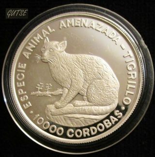 Nicaragua,  10,  000 Cordobas 1990,  Ocelot,  Silver,  Proof,  Very Scarce.