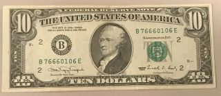 1990 $10 Dollar Bill Federal Reserve Bank Of York B76660106e Bleed Through