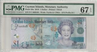 Bid Cayman Islands 1 Dollar $1 D/1 066848 (2010) P38a Queen Pmg 67 Epq