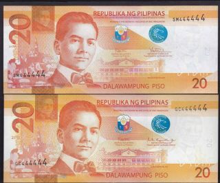 Philippines 20 Peso Ngc Solid Serial 444444 (2018,  2017f) 2 Notes Uncirculated
