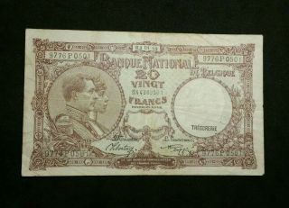 1944 Belgium 20 Francs Banknote P - 111 King Albert Queen Elizabeth WW2 WORLD WAR 3