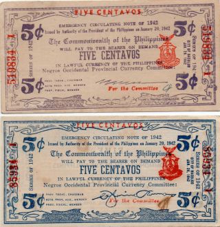 Philippines 1942 Negros Occidental 5 Centavo Notes S640 S641 Variations 000,  034
