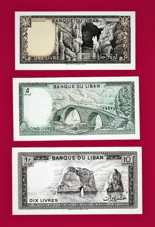 Lebanon Liban Unc Notes 1 Livre 1980 (p61),  5 Livres (p62),  10 Livres 1986 (p63)
