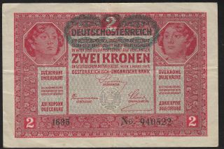 1917 Austria 2 Kronen 1919 Overprint Vintage Paper Money Banknote Currency Vf