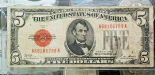1928 Series $5 Five Dollar Red Seal Us Legal Tender Note Vf