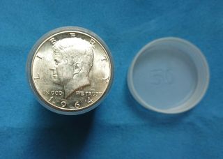 1964 Kennedy Half Dollars 20 Coin $10.  00 Roll 90 Silver W/ Plastic Storage Tube