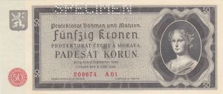 50 Korun Unc Specimen Banknote From Bohemia Moravia 1940 Pick - 5s