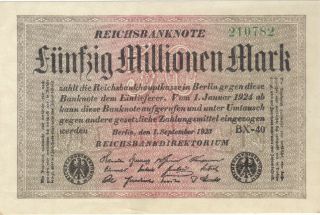 1923 50 Million Mark Germany Unc Reichsbanknote German Banknote Note Bill Cash