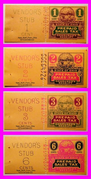 Ohio Prepaid Sales Tax Receipt,  Four - Stamp Grab Bag 1,  2,  3 & 6¢.  Prior To 1962