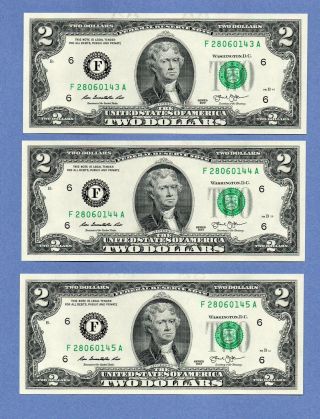 2013 $2 Dollar Bills Consecutive Set Of Three Notes Us Paper Money