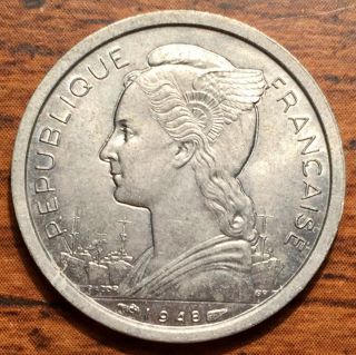 1948 Reunion 1 Franc Liberty Bust Colonial Coin - Paris - Au,